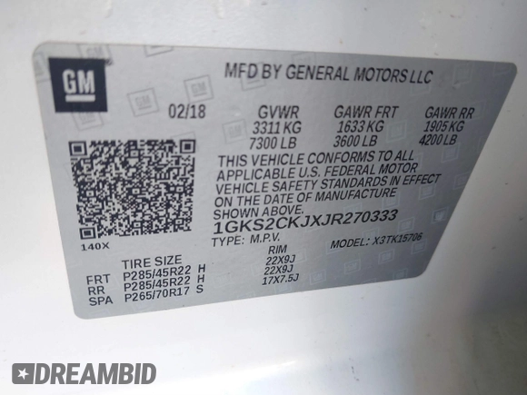 2018 GMC Yukon Denali with VIN 1GKS2CKJXJR270333, listed as a IAAI auction lot 41666298 with 72,008 mi miles. Bid and sale history available at carsss.com. Image 9.