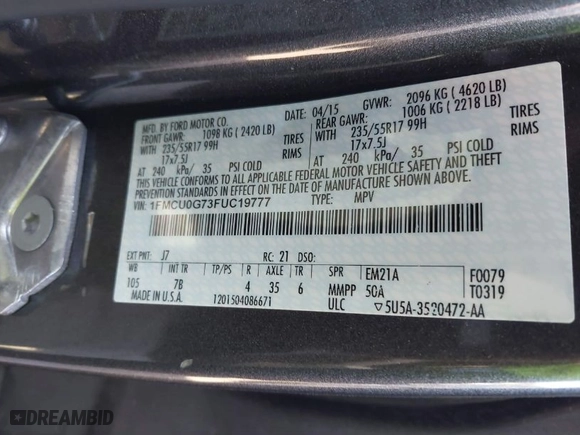 2015 Ford Escape SE with VIN 1FMCU0G73FUC19777, listed as a IAAI auction lot 41656508 with 200,000 mi miles. Bid and sale history available at carsss.com. Image 9.