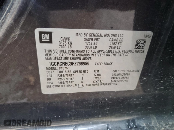 2015 Chevrolet Silverado 1500 LT with VIN 1GCRCREC9FZ268989, listed as a Copart auction lot 78930354 with 153,612 mi miles and Salvage Title. Bid and sale history available at DreamBid. Image 12.