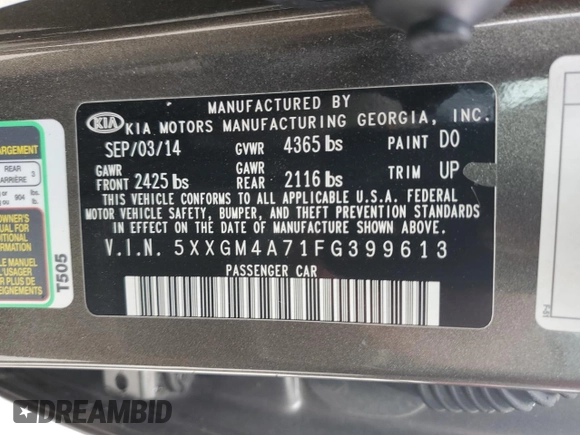 2015 Kia Optima LX with VIN 5XXGM4A71FG399613, listed as a Copart auction lot 49893665 with 201,876 mi miles and Salvage Title. Bid and sale history available at carsss.com. Image 14.