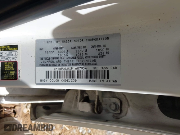 2023 Mazda 3 S Preferred with VIN JM1BPALMXP1607956, listed as a IAAI auction lot 41922025 with 58,193 mi miles and . Bid and sale history available at DreamBid. Image 9.