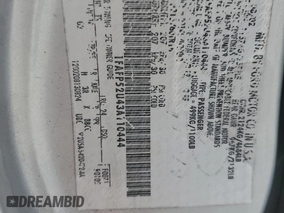 2003 Ford Taurus LX Standard z VIN 1FAFP52U43A110444, wystawiony jako Copart lot #83557764 z przebiegiem 118 897 mil mil oraz Szkoda całkowita • Salvage title. Historia ofert i sprzedaży dostępna na DreamBid. Obrazek 12.