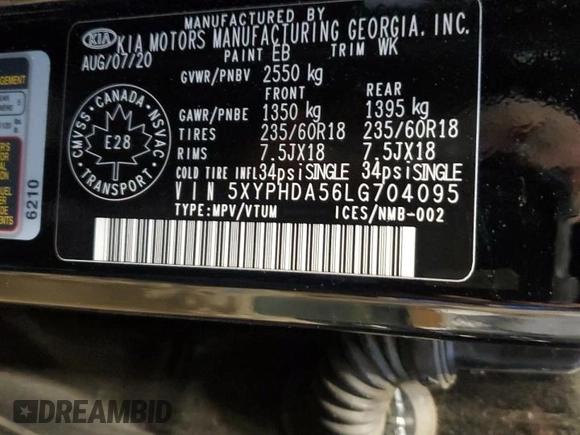 2020 Kia Sorento EX with VIN 5XYPHDA56LG704095, listed as a Copart auction lot 88557505 with 107,325 mi miles and Salvage Title. Bid and sale history available at DreamBid. Image 13.
