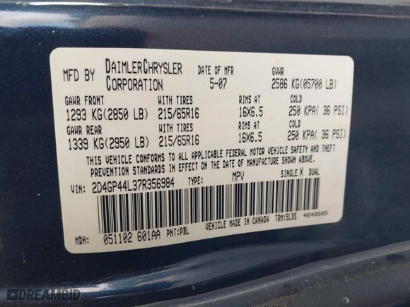 2007 Dodge Grand Caravan SXT with VIN 2D4GP44L37R356984, listed as a IAAI auction lot 41475361 with 153,843 mi miles. Bid and sale history available at carsss.com. Image 9.