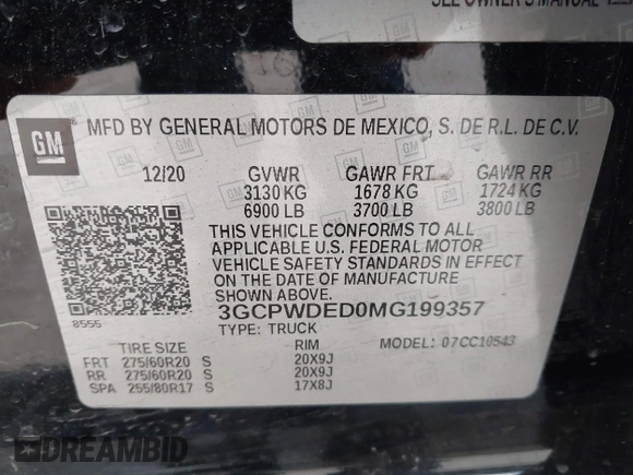 2021 Chevrolet Silverado 1500 RST with VIN 3GCPWDED0MG199357, listed as a IAAI auction lot 41355019 with 93,943 mi miles. Bid and sale history available at carsss.com. Image 9.