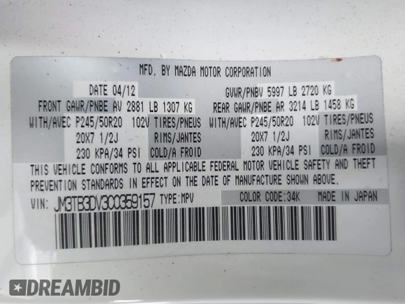 2012 Mazda CX-9 Grand Touring with VIN JM3TB3DV3C0359157, listed as a IAAI auction lot 41626593 with 114,262 mi miles. Bid and sale history available at carsss.com. Image 9.