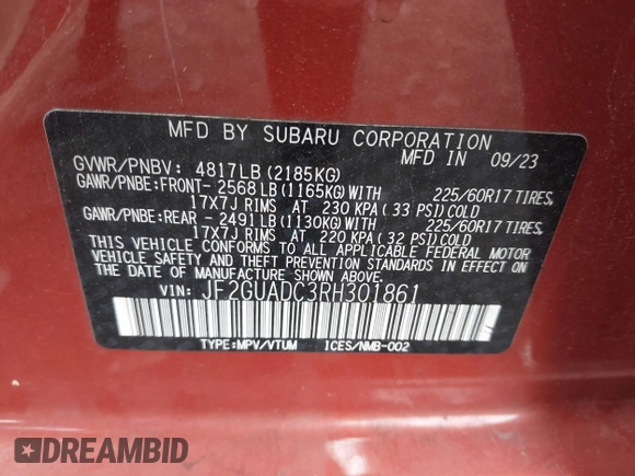 2024 Subaru Crosstrek Premium с VIN JF2GUADC3RH301861, выставлен на аукционе IAAI как лот 42439260 с пробегом 14 243 миль миль и . История ставок и продаж доступна на DreamBid. Изображение 9.