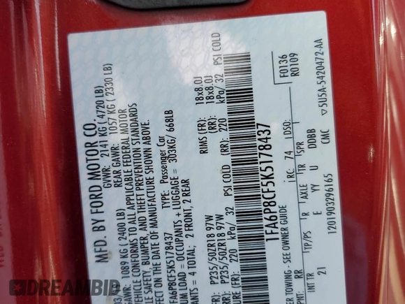 2019 Ford Mustang GT z VIN 1FA6P8CF5K5178437, wystawiony jako Copart lot #53391145 z przebiegiem 37 010 mil mil oraz Szkody całkowita. Historia ofert i sprzedaży dostępna na DreamBid. Obrazek 12.