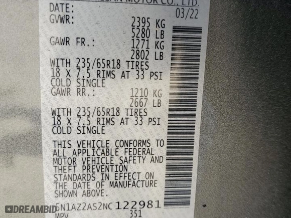 2022 Nissan Murano S with VIN 5N1AZ2AS2NC122981, listed as a Copart auction lot 56567474 with 14,588 mi miles and Salvage Title. Bid and sale history available at carsss.com. Image 15.
