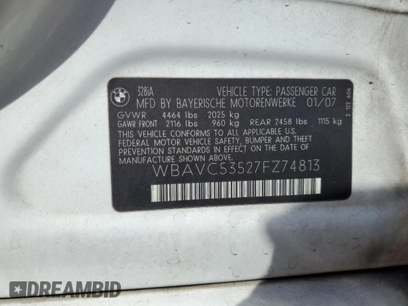 2007 BMW 3 Series 328i with VIN WBAVC53527FZ74813, listed as a Copart auction lot 62311675 with 159,332 mi miles and Salvage title. Bid and sale history available at DreamBid. Image 12.