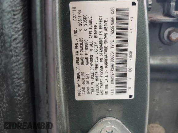2010 Honda Accord EX z VIN 1HGCP2F72AA100073, wystawiony jako Copart lot #54989165 z przebiegiem 217 585 mil mil oraz Szkoda całkowita • Salvage title. Historia ofert i sprzedaży dostępna na DreamBid. Obrazek 12.