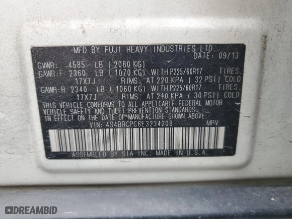 2014 Subaru Outback 2.5i Limited with VIN 4S4BRCPC6E3234208, listed as a Copart auction lot 45468165 with 120,296 mi miles and Salvage Title. Bid and sale history available at carsss.com. Image 14.