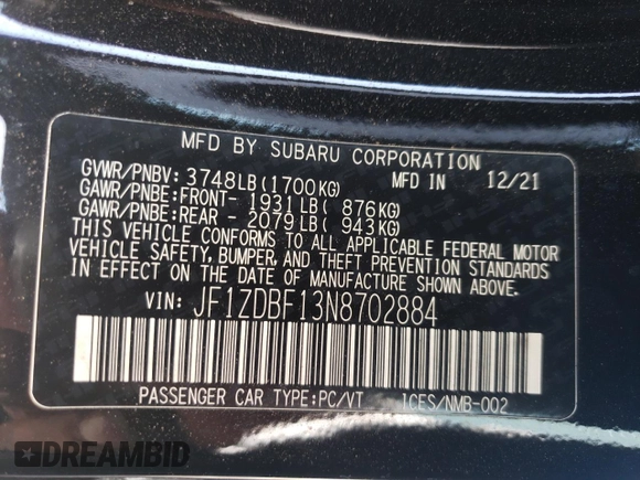 2022 Subaru BRZ Limited with VIN JF1ZDBF13N8702884, listed as a Copart auction lot 46545735 with 21,375 mi miles and Salvage title. Bid and sale history available at DreamBid. Image 12.