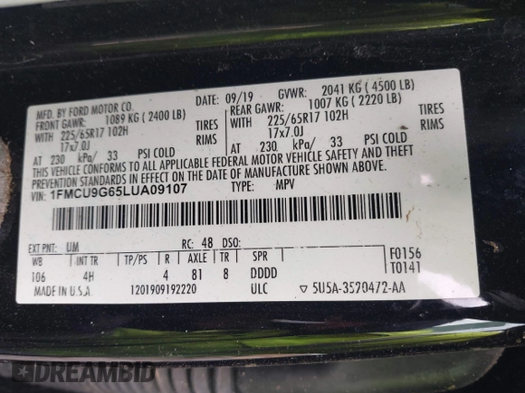2020 Ford Escape SE z VIN 1FMCU9G65LUA09107, wystawiony jako IAAI lot #41967725 z przebiegiem 131 177 mil mil oraz . Historia ofert i sprzedaży dostępna na DreamBid. Obrazek 9.