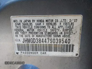 2007 Honda Fit with VIN JHMGD38447S039540, listed as a IAAI auction lot 40985790 with 227,295 mi miles. Bid and sale history available at carsss.com. Image 9.