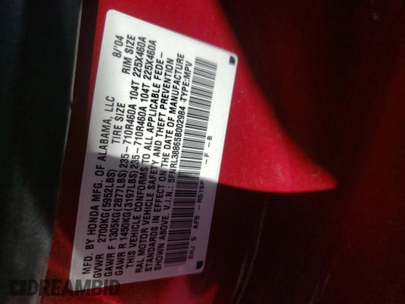 2005 Honda Odyssey Touring z VIN 5FNRL38865B002984, wystawiony jako Copart lot #55175255 z przebiegiem 99 393 mil mil oraz Szkoda całkowita • Salvage title. Historia ofert i sprzedaży dostępna na DreamBid. Obrazek 14.