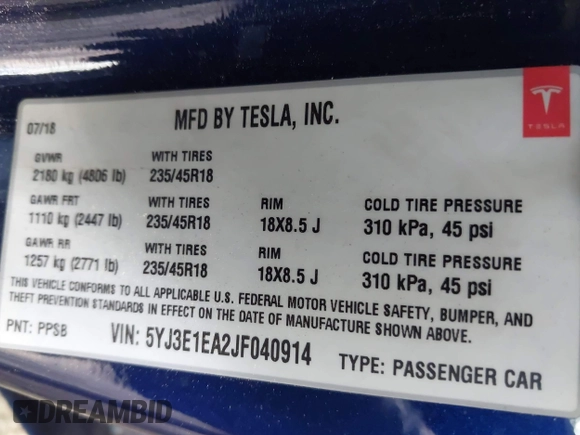 2018 Tesla Model 3 Long Range Battery with VIN 5YJ3E1EA2JF040914, listed as a IAAI auction lot 42120091 with 138,130 mi miles and . Bid and sale history available at DreamBid. Image 9.