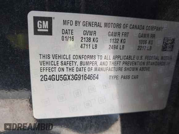 2016 Buick Regal GS with VIN 2G4GU5GX3G9164664, listed as a IAAI auction lot 41864579 with 121,789 mi miles and . Bid and sale history available at DreamBid. Image 9.