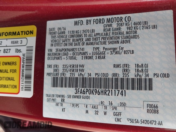2017 Ford Fusion Titanium with VIN 3FA6P0K96HR211741, listed as a IAAI auction lot 41913350 with 51,707 mi miles. Bid and sale history available at carsss.com. Image 9.