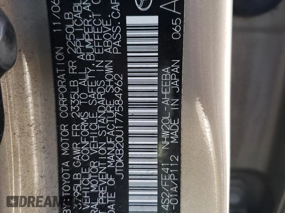 2007 Toyota Prius with VIN JTDKB20U177584962, listed as a Copart auction lot 54745635 with 136,287 mi miles and Salvage Title. Bid and sale history available at DreamBid. Image 12.