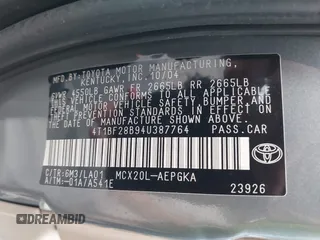 2004 Toyota Avalon XL with VIN 4T1BF28B94U387764, listed as a IAAI auction lot 42162419 with 306,611 mi miles and . Bid and sale history available at carsss.com. Image 9.