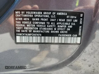 2015 Volkswagen Passat SEL Premium with VIN 1VWCV7A36FC007670, listed as a Copart auction lot 60208065 with 143,703 mi miles and Salvage title. Bid and sale history available at DreamBid. Image 13.