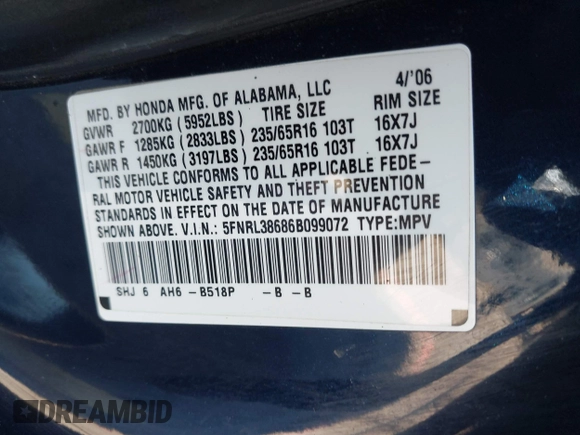 2006 Honda Odyssey EX-L с VIN 5FNRL38686B099072, выставлен на аукционе IAAI как лот 42237749 с пробегом 229 418 миль миль и . История ставок и продаж доступна на DreamBid. Изображение 9.