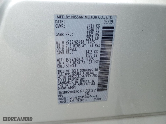 2019 Nissan Pathfinder SV with VIN 5N1DR2MM9KC612257, listed as a Copart auction lot 64484694 with 64,911 mi miles and Salvage Title. Bid and sale history available at carsss.com. Image 13.