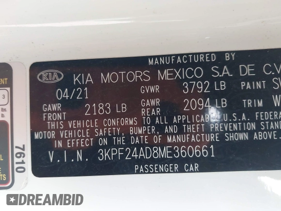 2021 Kia Forte LXS z VIN 3KPF24AD8ME360661, wystawiony jako IAAI lot #41955200 z przebiegiem 106 542 mil mil oraz . Historia ofert i sprzedaży dostępna na DreamBid. Obrazek 9.
