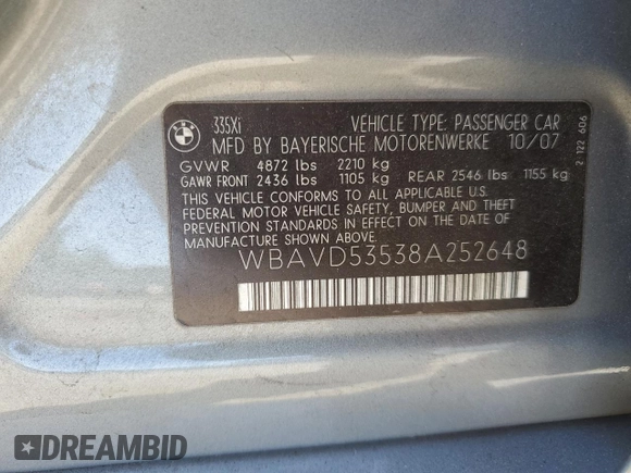 2008 BMW 3 Series 335xi with VIN WBAVD53538A252648, listed as a Copart auction lot 63469105 with 191,576 mi miles and Salvage title. Bid and sale history available at DreamBid. Image 12.
