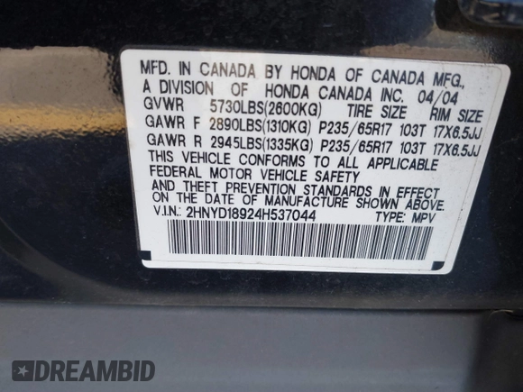 2004 Acura MDX Touring Pkg RES w/Nav with VIN 2HNYD18924H537044, listed as a IAAI auction lot 41368325 with 134,549 mi miles. Bid and sale history available at carsss.com. Image 9.