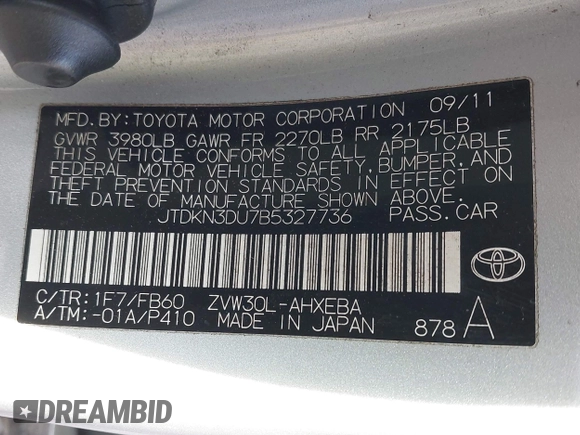 2011 Toyota Prius I with VIN JTDKN3DU7B5327736, listed as a IAAI auction lot 41922229 with 210,028 mi miles. Bid and sale history available at carsss.com. Image 9.