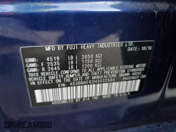 2017 Subaru Legacy Premium with VIN 4S3BNAF62H3032504, listed as a Copart auction lot 52920475 with 216,098 mi miles and Salvage Title. Bid and sale history available at carsss.com. Image 12.