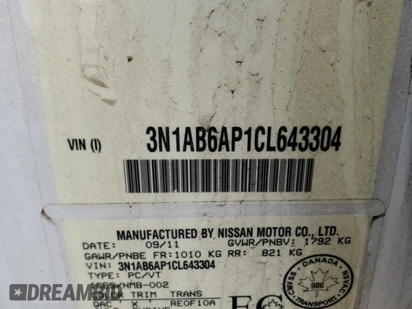 2012 Nissan Sentra SR with VIN 3N1AB6AP1CL643304, listed as a Copart auction lot 60234195 with 253,196 mi miles and Salvage title. Bid and sale history available at DreamBid. Image 12.