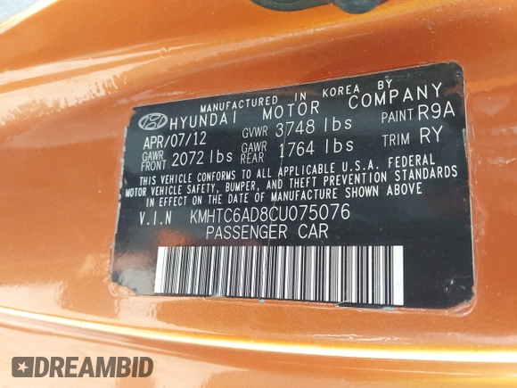 2012 Hyundai Veloster w/Gray Int с VIN KMHTC6AD8CU075076, выставлен на аукционе IAAI как лот 42345469 с пробегом 154 462 миль миль и . История ставок и продаж доступна на DreamBid. Изображение 9.
