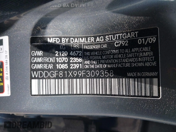 2009 Mercedes-Benz C 300 Sport with VIN WDDGF81X99F309358, listed as a IAAI auction lot 42634158 with 131,103 mi miles and . Bid and sale history available at DreamBid. Image 9.
