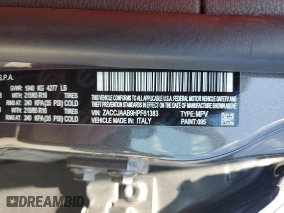 2017 Jeep Renegade Sport with VIN ZACCJAAB9HPF61383, listed as a Copart auction lot 54016175 with 87,598 mi miles and Clean title. Bid and sale history available at DreamBid. Image 12.