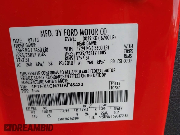 2013 Ford F-150 XL with VIN 1FTEX1CM7DKF48433, listed as a IAAI auction lot 41430785 with 179,579 mi miles. Bid and sale history available at carsss.com. Image 9.