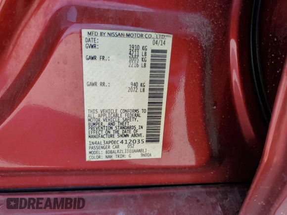 2014 Nissan Altima SV with VIN 1N4AL3AP0EC412035, listed as a Copart auction lot 51111735 with 74,815 mi miles and Salvage Title. Bid and sale history available at DreamBid. Image 12.