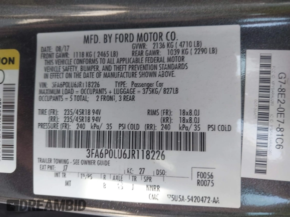 2018 Ford Fusion SE z VIN 3FA6P0LU6JR118226, wystawiony jako IAAI lot #41811406 z przebiegiem 165 352 mil mil oraz . Historia ofert i sprzedaży dostępna na DreamBid. Obrazek 9.