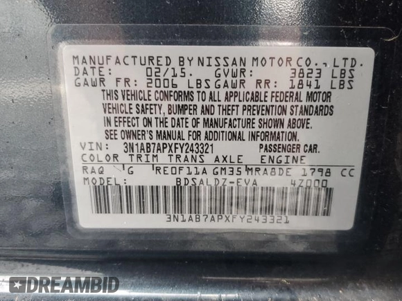 2015 Nissan Sentra SR with VIN 3N1AB7APXFY243321, listed as a Copart auction lot 48809955 with 106,298 mi miles and Salvage Title. Bid and sale history available at DreamBid. Image 12.