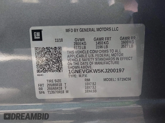 2019 Chevrolet Traverse LT Cloth with VIN 1GNEVGKW5KJ200197, listed as a IAAI auction lot 41936571 with 37,620 mi miles. Bid and sale history available at carsss.com. Image 9.