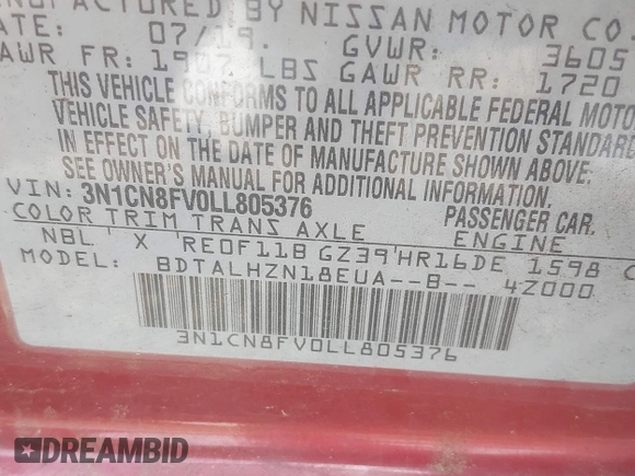 2020 Nissan Versa SR with VIN 3N1CN8FV0LL805376, listed as a IAAI auction lot 42111422 with 153,978 mi miles and . Bid and sale history available at DreamBid. Image 9.
