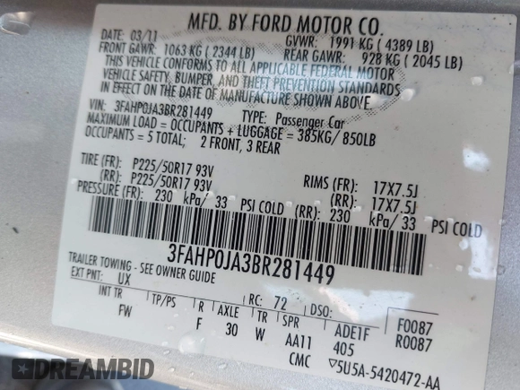 2011 Ford Fusion SEL with VIN 3FAHP0JA3BR281449, listed as a IAAI auction lot 42072472 with 1 mi miles. Bid and sale history available at carsss.com. Image 9.