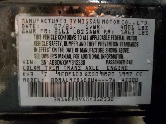 2021 Nissan Sentra SR with VIN 3N1AB8DVXMY312330, listed as a Copart auction lot 81707484 with 39,020 mi miles and Salvage Title. Bid and sale history available at DreamBid. Image 13.