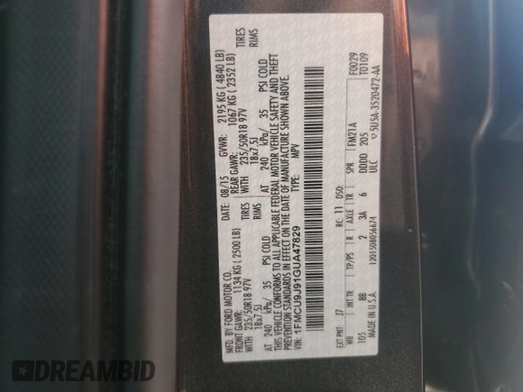 2016 Ford Escape Titanium with VIN 1FMCU9J91GUA47829, listed as a Copart auction lot 54051275 with 86,046 mi miles and Salvage Title. Bid and sale history available at DreamBid. Image 13.