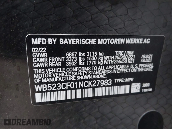 2022 BMW iX xDrive50 z VIN WB523CF01NCK27983, wystawiony jako IAAI lot #42106093 z przebiegiem 21 505 mil mil oraz . Historia ofert i sprzedaży dostępna na DreamBid. Obrazek 9.