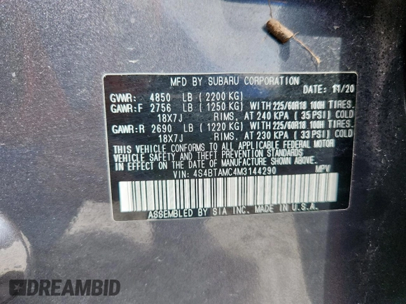 2021 Subaru Outback Limited with VIN 4S4BTAMC4M3144290, listed as a Copart auction lot 61350715 with Not provided miles and Salvage title. Bid and sale history available at DreamBid. Image 13.