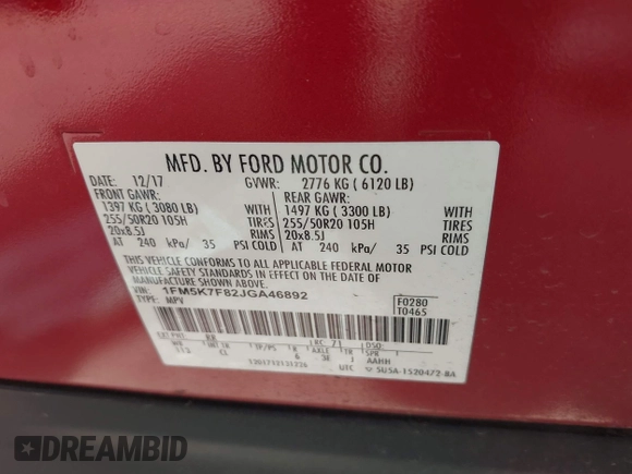2018 Ford Explorer Limited z VIN 1FM5K7F82JGA46892, wystawiony jako IAAI lot #42619700 z przebiegiem 98 047 mil mil oraz . Historia ofert i sprzedaży dostępna na DreamBid. Obrazek 9.