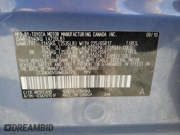 2010 Toyota RAV4 Limited с VIN 2T3DK4DV0AW034770, выставлен на аукционе Copart как лот 59407775 с пробегом 75 341 миль миль и Списание • Salvage title. История ставок и продаж доступна на DreamBid. Изображение 13.